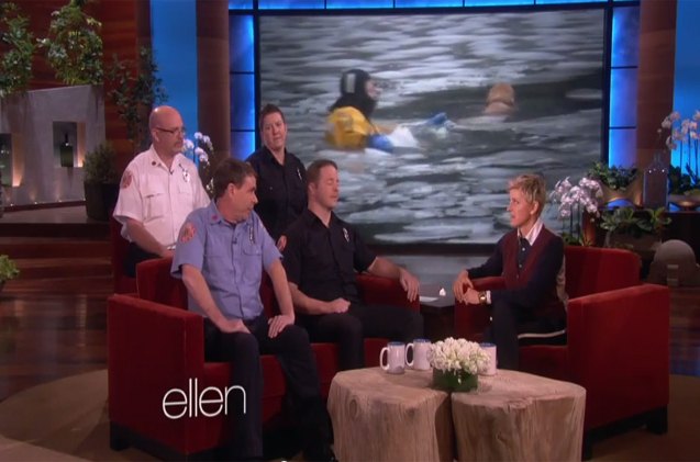 ellen rewards firefighters who pulled dog out of icy river with a cari