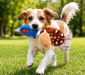 5 common ways your dog tries to get your attention, Stuffing Free Duck Dog Toys 4 Pack Squeaky Crinkle Image via Amazon